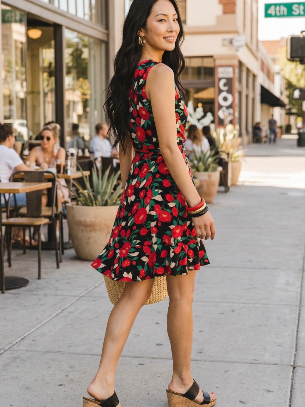 Lush Red Floral V Neck Wrap Dress | Flower Print Sleeveless Ruffle Hem Mini - Picture 3 of 5